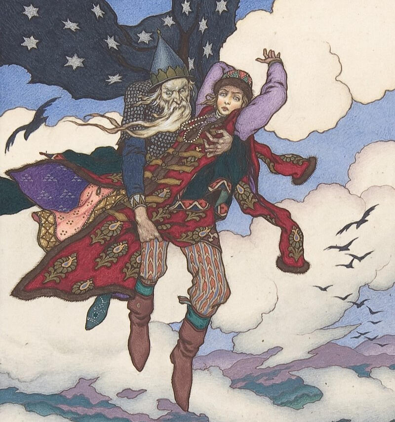 Koschei secuestrando a Maria Morevna de "Koschei el inmortal", Boris Zvorykin (1925)